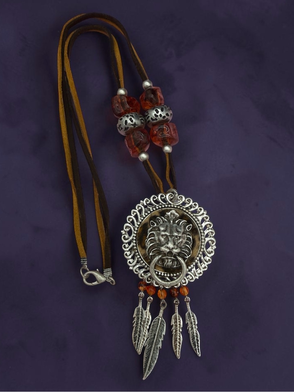 Vintage Door Knocker Lion Medallion Pendant Necklace with Faux Amber Beads